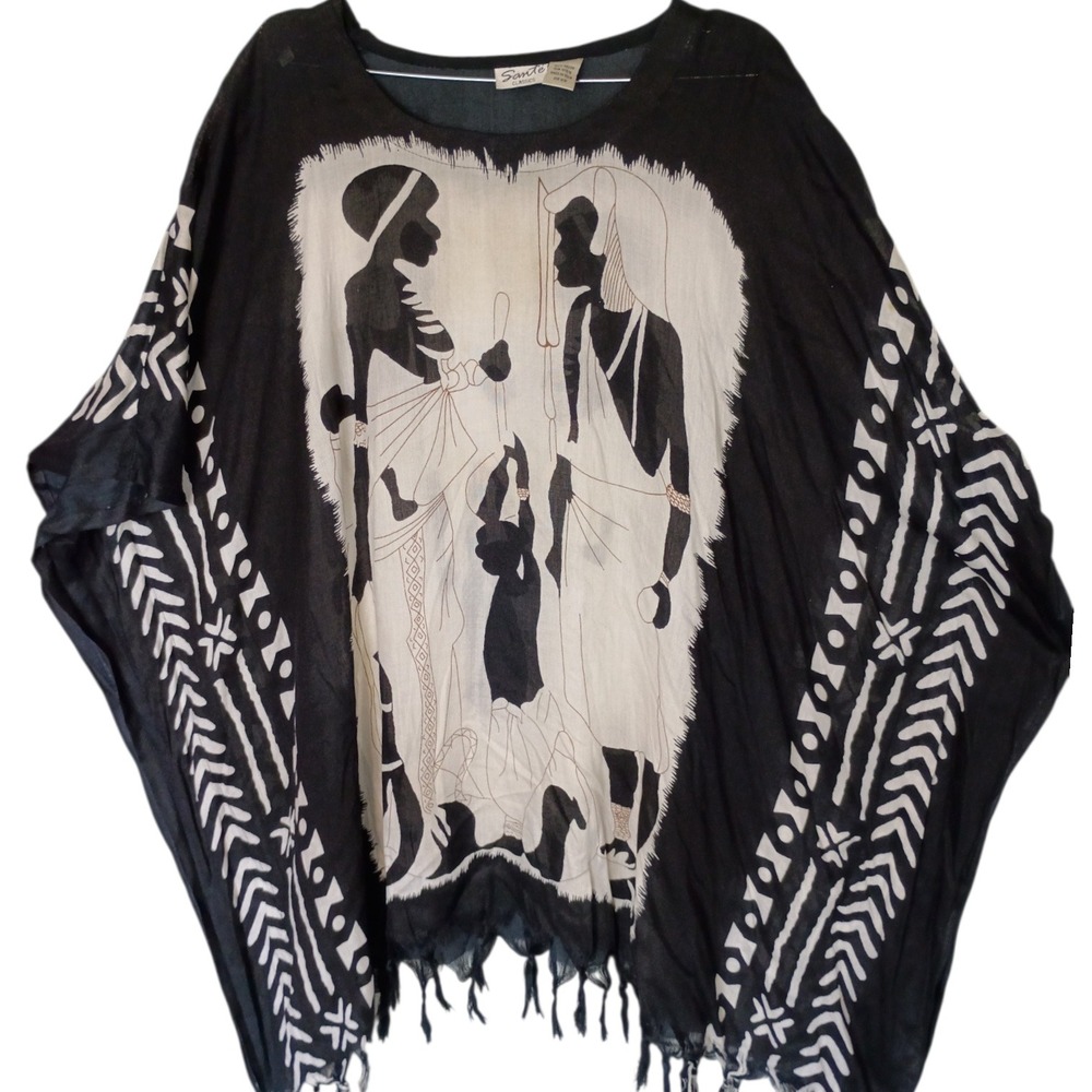Sante Classics Black White African Print Rayon Kaftan Poncho Fringed One Size